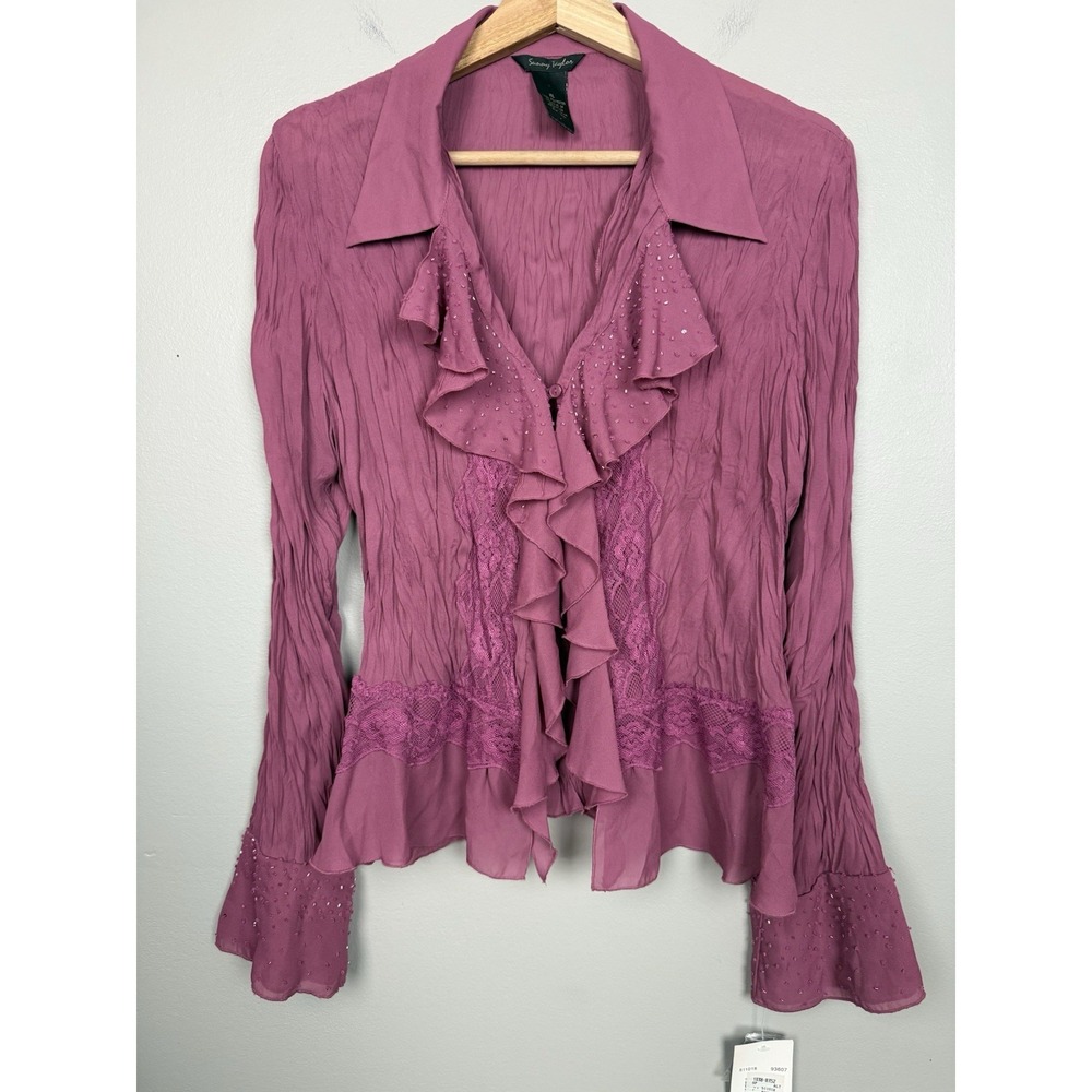 Y2K Pink Ruffle Beaded Blouse Sheer Lace Bell Sleeve Fairy Festival Romantic XL